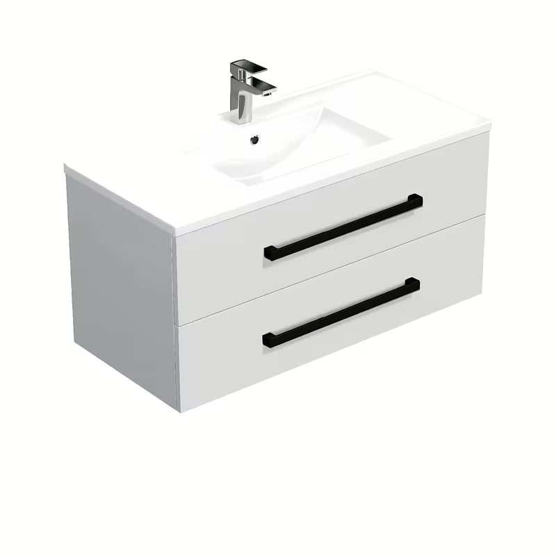 Viseča kopalniška omarica SAT Cube Way s keramičkim umivaonikom u sjajno bijeloj boji i crnim ručkicama