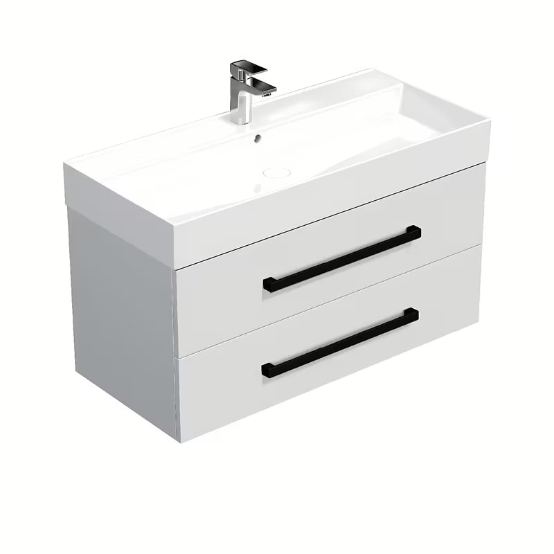 Viseča kopalniška omarica SAT Cube Way s keramičkim umivaonikom u sjajno bijeloj boji i crnim ručkicama