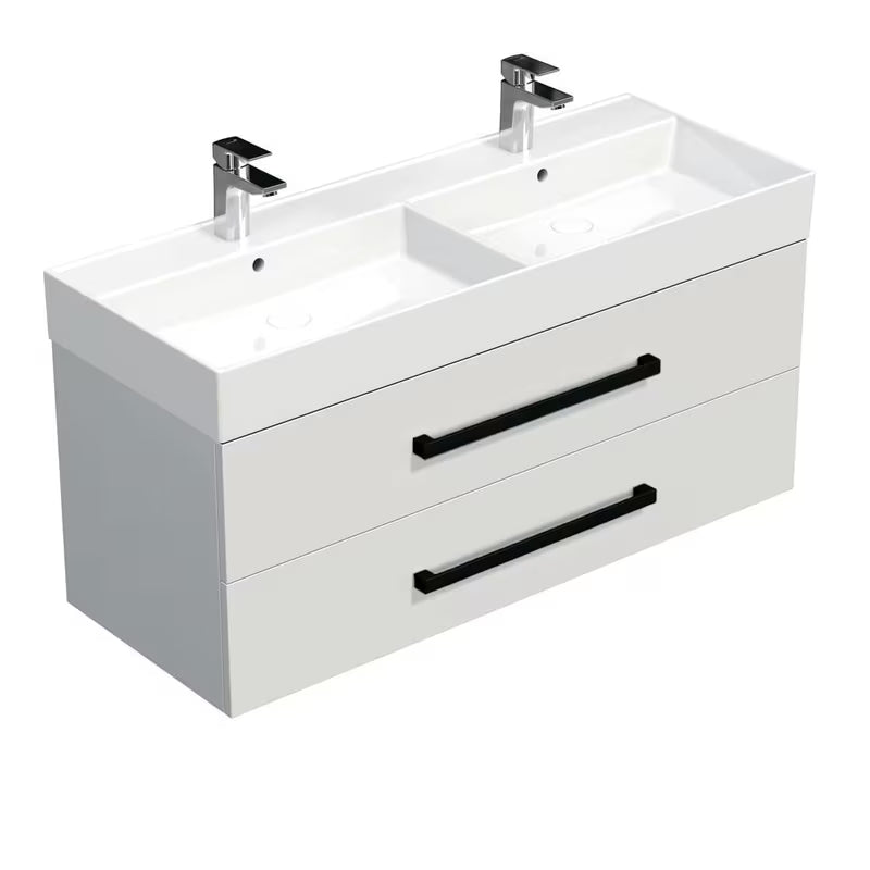 Viseča kopalniška omarica SAT Cube Way s keramičkim umivaonikom u sjajno bijeloj boji i crnim ručkicama