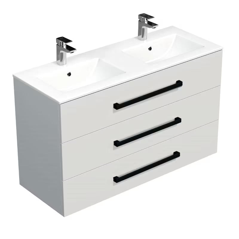 Viseča kopalniška omarica SAT Cube Way s keramičkim umivaonikom u sjajno bijeloj boji i crnim ručkicama