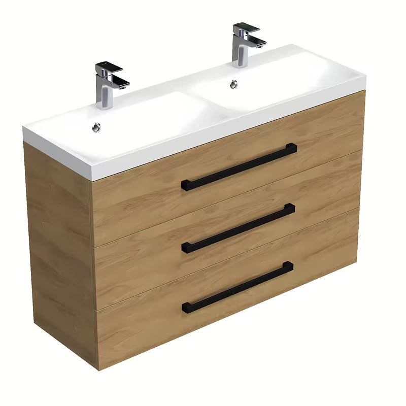 Viseča kopalniška omarica z umivalnikom SAT Cube Way u dekoru hrasta Hickory s crnim mat ručkicama.