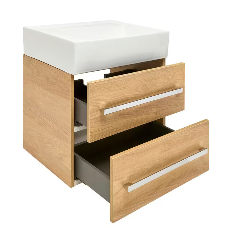 Viseča kopalniška omarica SAT Cube Way s keramičkim umivaonikom u dekoru hrasta hickory 60x46x53 cm