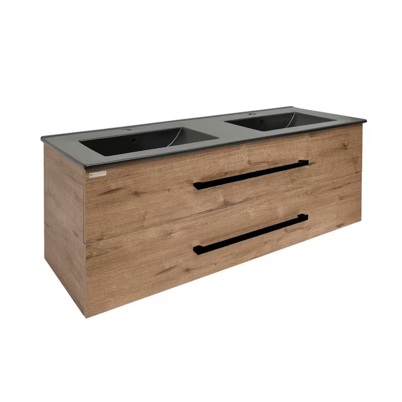 Viseča kopalniška omarica s keramičkim dvostrukim umivaonikom SAT Cube Way u dekoru hrast Wellington