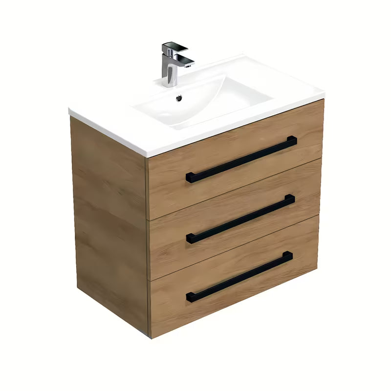 Viseča kopalniška omarica s keramičkim umivaonikom SAT Cube Way u dekoru hrasta hickory