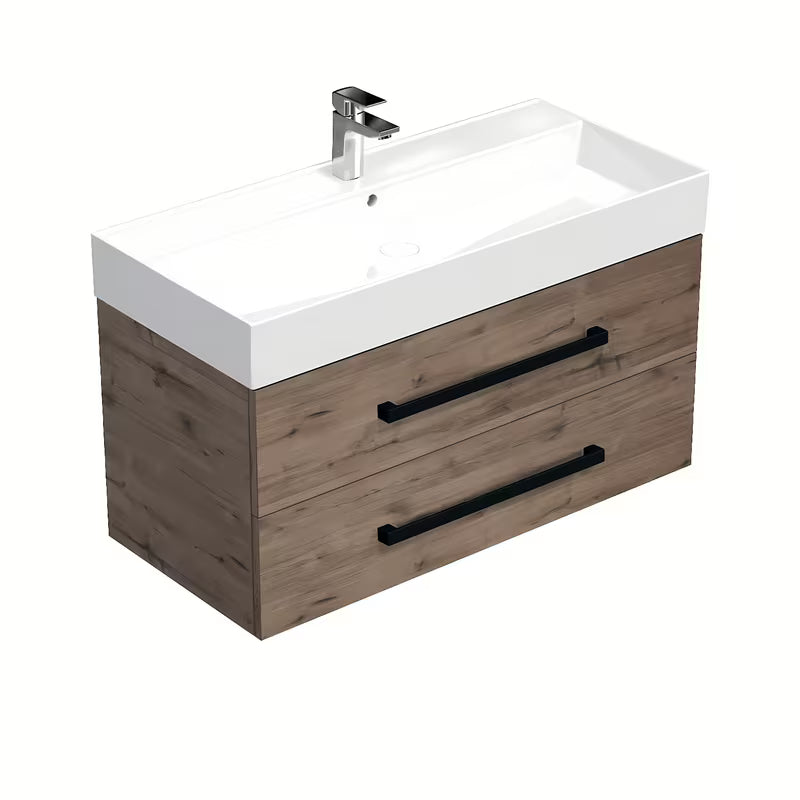 Viseča kopalniška omarica s keramičkim umivaonikom SAT Cube Way u dekoru hrasta Wellington