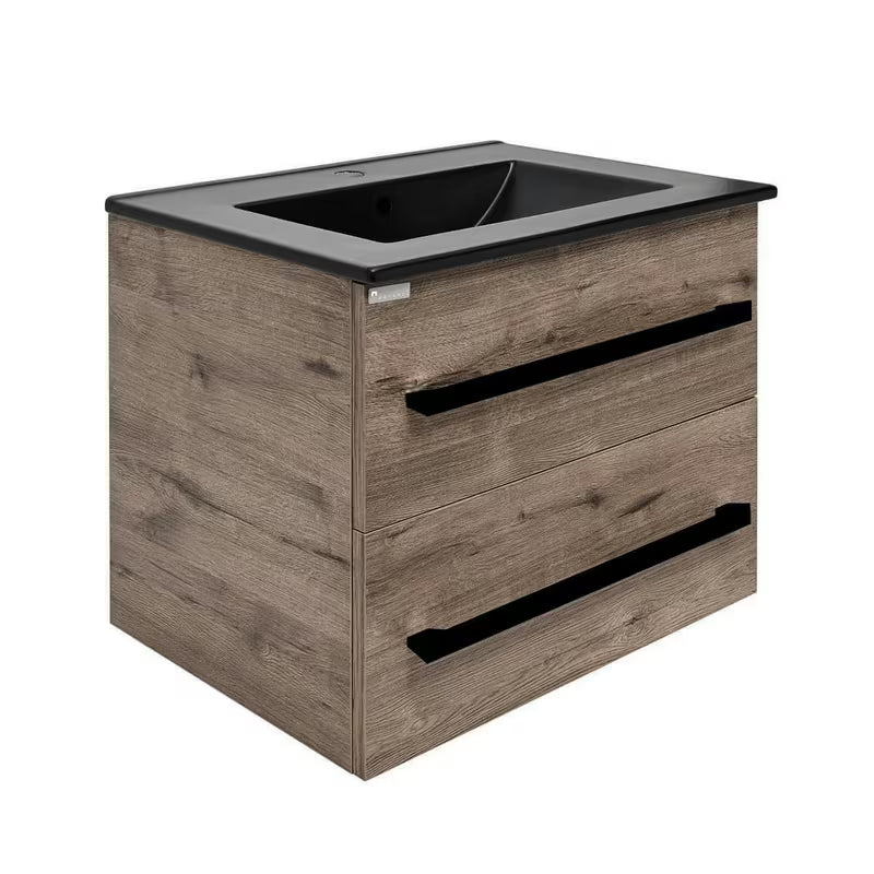 Viseča kopalniška omarica SAT Cube Way s keramičkim umivaonikom u dekoru hrasta Wellington i crnim ručkicama.