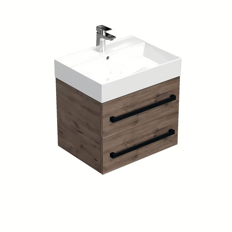 Viseča kopalniška omarica s keramičkim umivaonikom SAT Cube Way u dekoru hrasta wellington s crnim ručkicama.