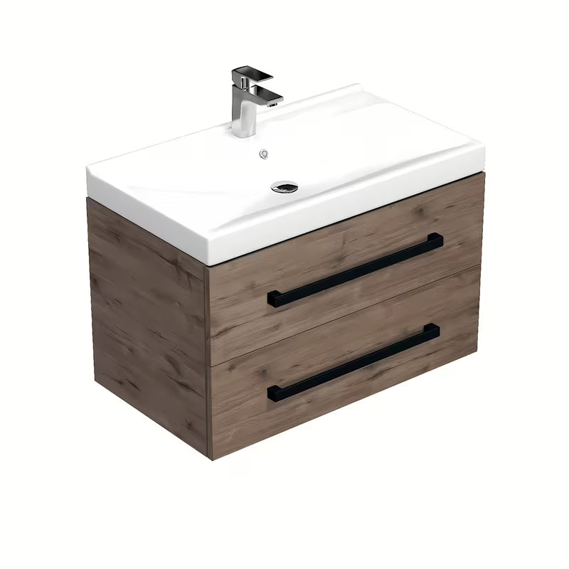 Viseča kopalniška omarica SAT Cube Way s keramičkim umivaonikom u dekoru hrasta wellington i crnim ručkicama.