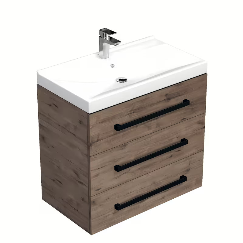 Viseča kopalniška omarica s keramičkim umivaonikom SAT Cube Way u dekoru hrasta Wellington s crnim ručkicama