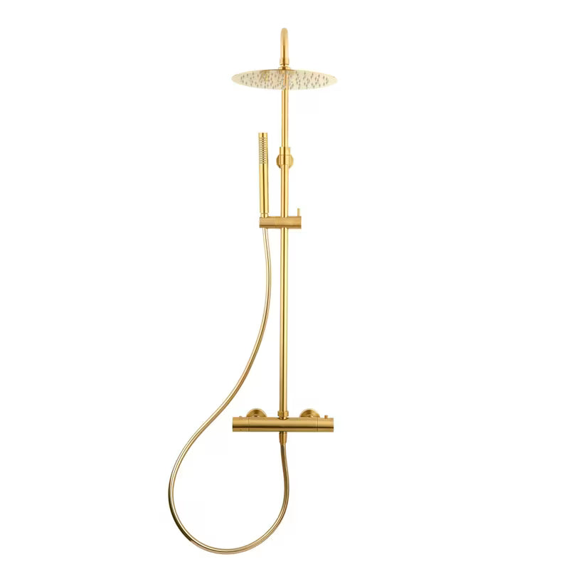 Tušni sistem SAT Dark s termostatsko armaturo u obradi brušeno zlato i okruglim nadglavnim tušem 25 cm.