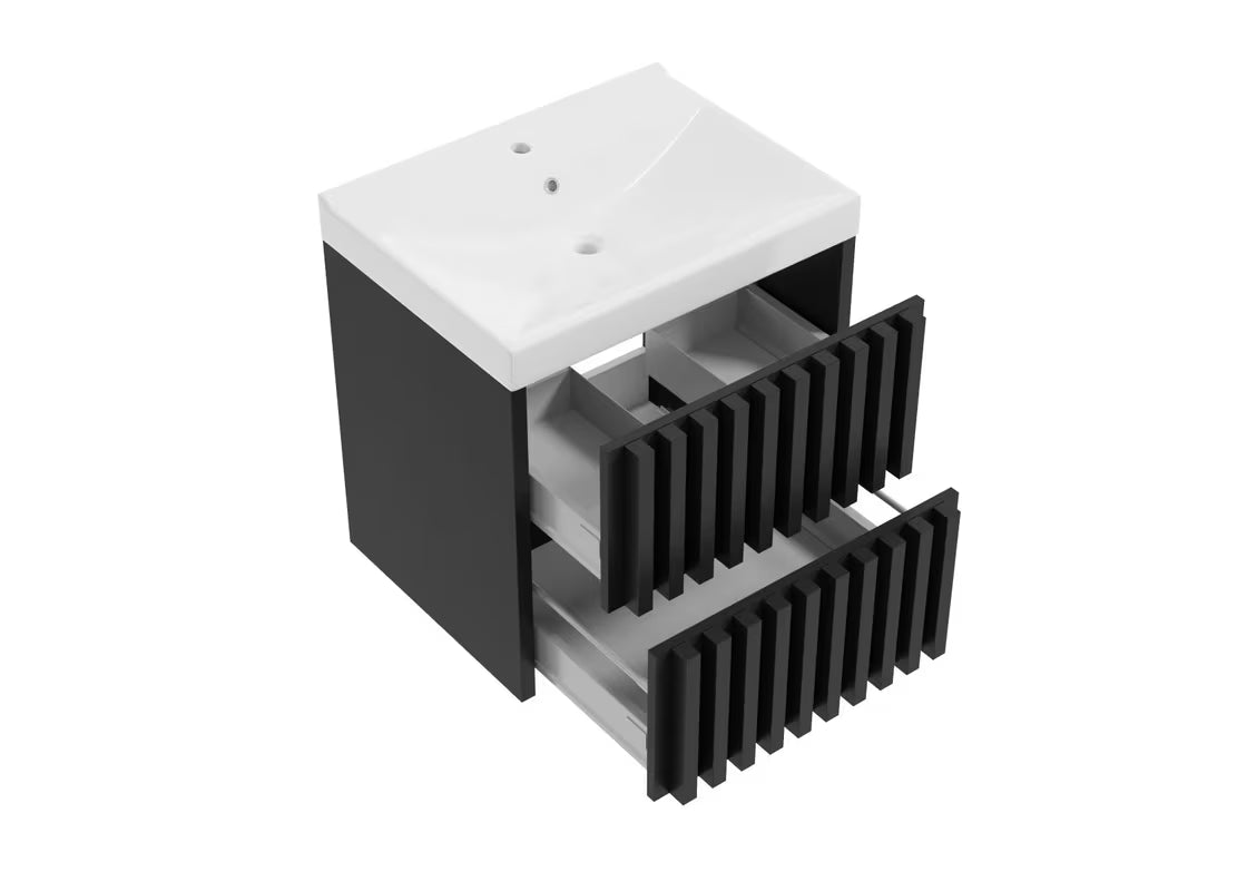 Crna viseča kopalniška omarica SAT Delano s keramičkim umivaonikom i okomitim letvicama