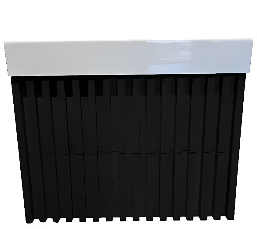 Crna viseča kopalniška omarica SAT Delano s keramičkim umivaonikom i okomitim letvicama