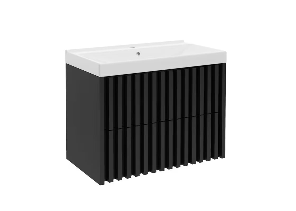 Viseča kopalniška omarica SAT Delano z umivalnikom u crnoj boji s letvičastim dizajnom