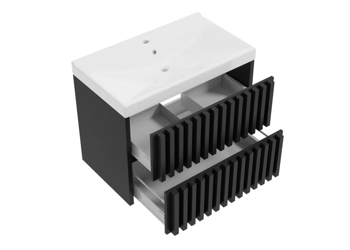 Viseča kopalniška omarica SAT Delano z umivalnikom u crnoj boji s letvičastim dizajnom