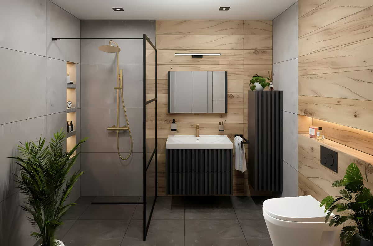 Viseča kopalniška omarica SAT Delano z umivalnikom u crnoj boji s letvičastim dizajnom