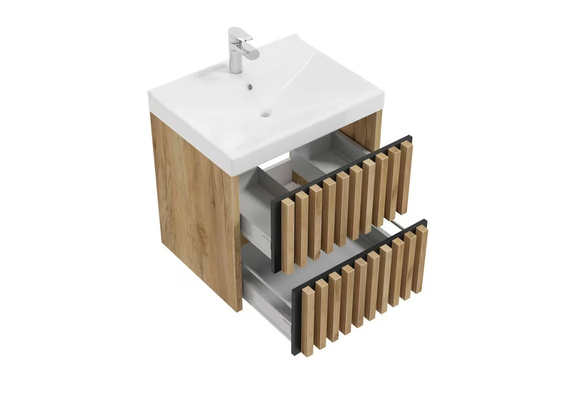 Viseča kopalniška omarica s keramičkim umivaonikom SAT Delano u dekoru hrasta s modernim vertikalnim letvicama.