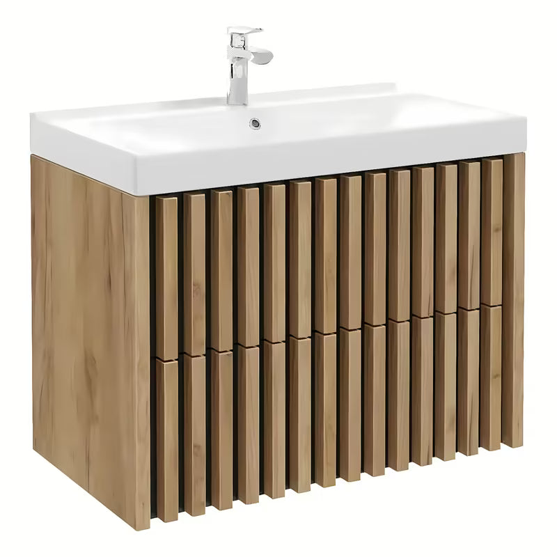 Viseča kopalniška omarica s keramičkim umivaonikom SAT Delano u dekoru hrasta s vertikalnim letvicama