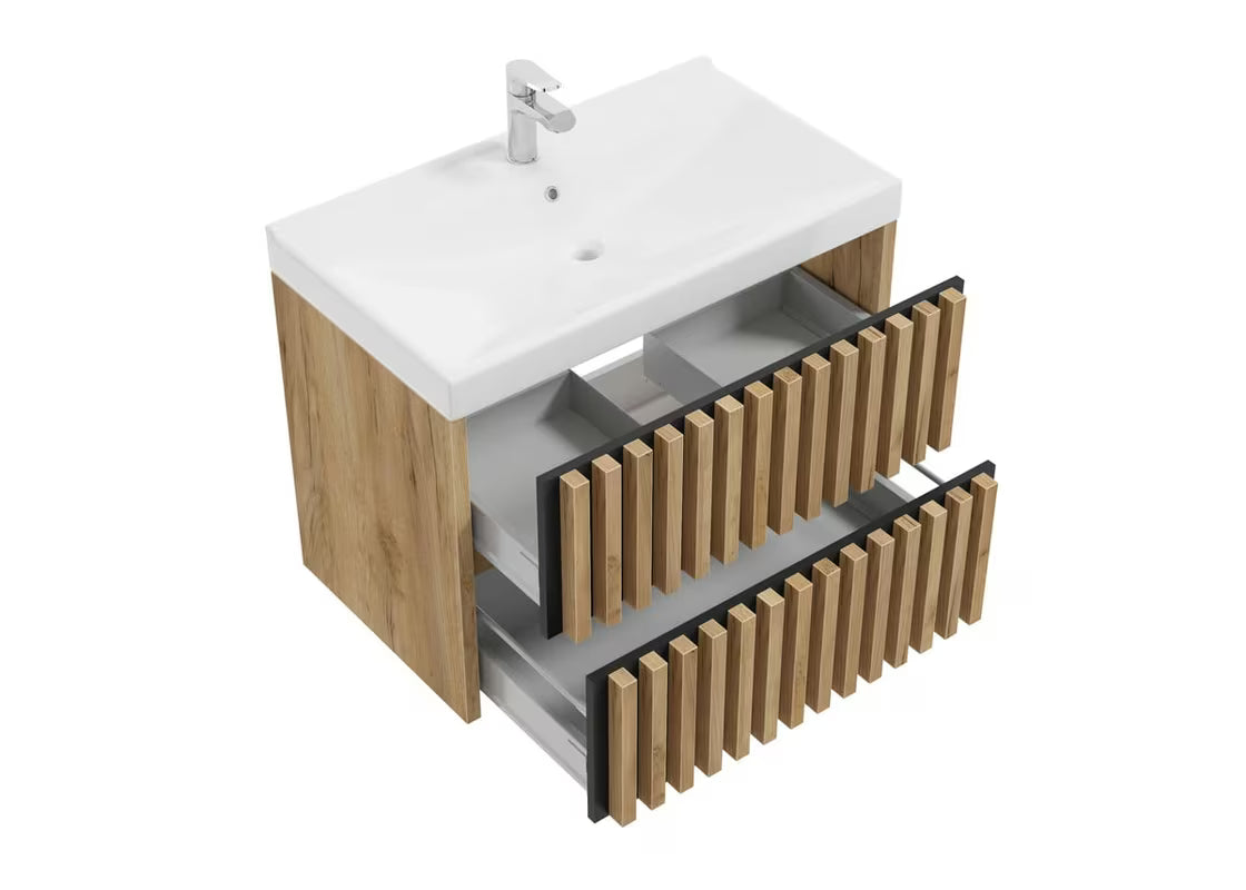 Viseča kopalniška omarica s keramičkim umivaonikom SAT Delano u dekoru hrasta s vertikalnim letvicama