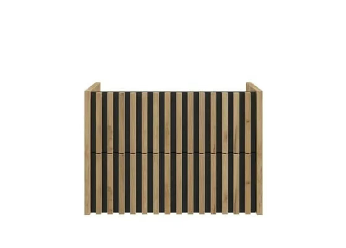 Viseča kopalniška omarica s keramičkim umivaonikom SAT Delano u dekoru hrasta s vertikalnim letvicama