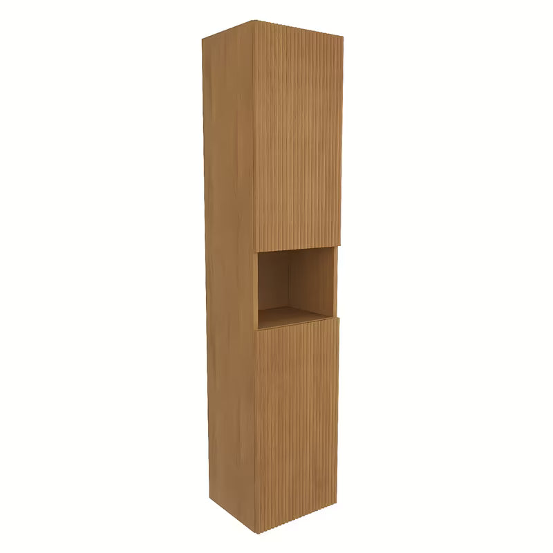 Visoka viseča kopalniška omarica SAT Evolution u dekoru medni hrast s okomitim utorima