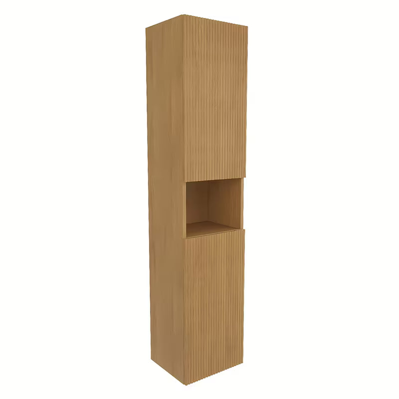 Viseča visoka kopalniška omarica SAT Evolution u dekoru medni hrast s okomitim utorima