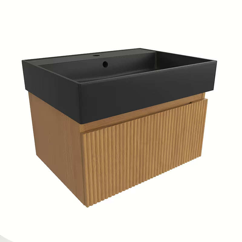 Viseča kopalniška omarica SAT Evolution s keramičkim umivaonikom u dekoru medni hrast i mat crnoj boji