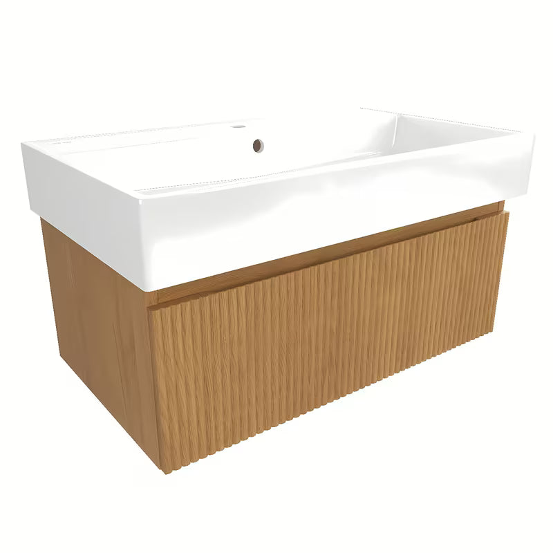 Viseča kopalniška omarica z umivalnikom SAT Evolution u dekoru medni hrast s okomitim utorima