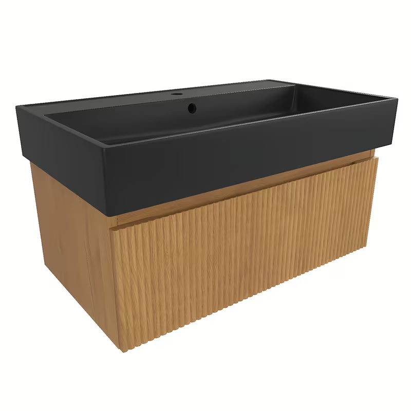 Viseča kopalniška omarica SAT Evolution s umivaonikom u dekoru medni hrast i s okomitim utorima