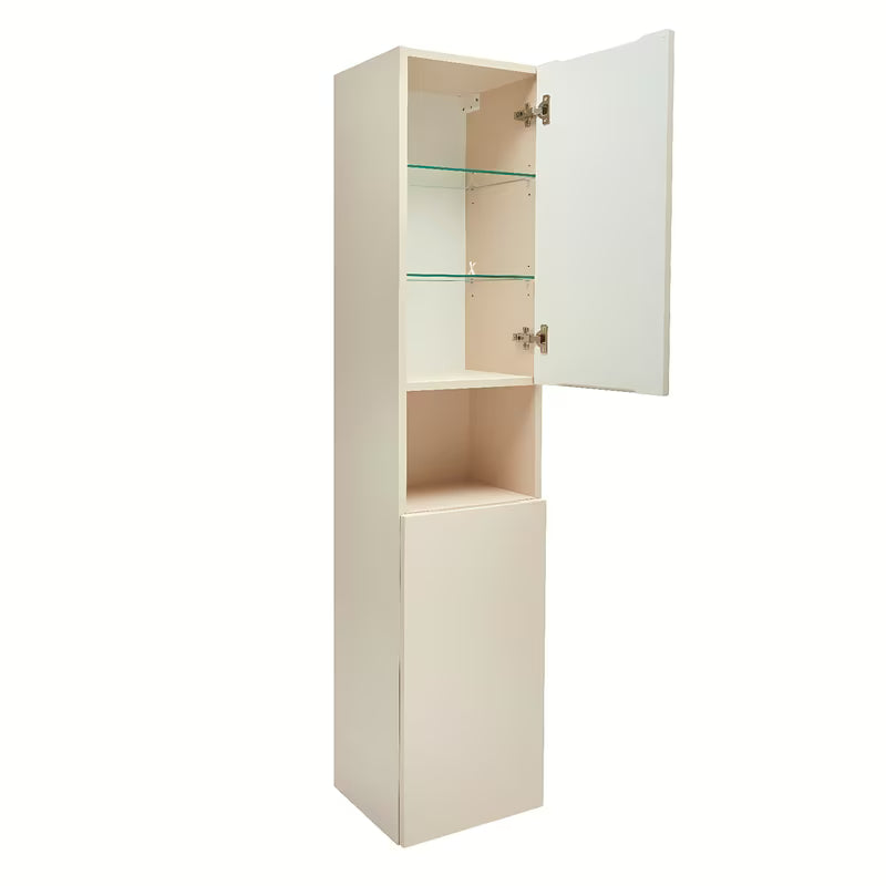 Visoka viseča kopalniška omarica SAT Feel u bež mat boji s košem za rublje i sa staklenim policama.