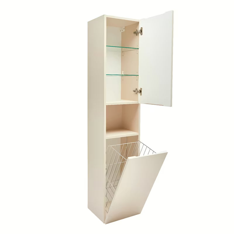 Visoka viseča kopalniška omarica SAT Feel u bež mat boji s košem za rublje i sa staklenim policama.