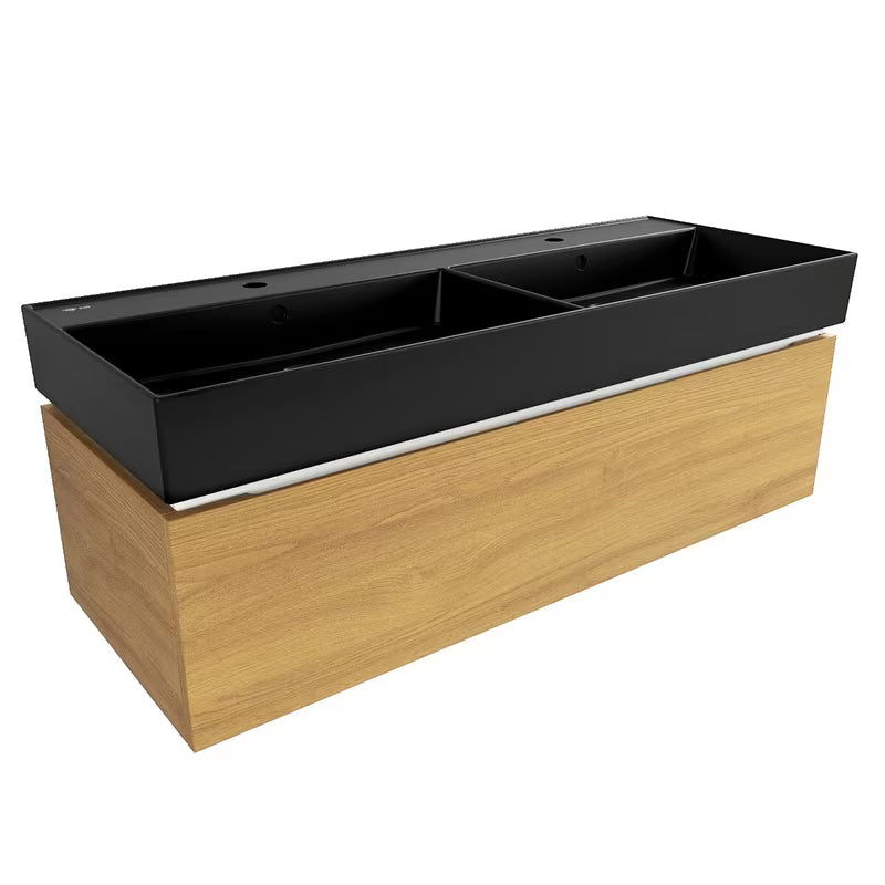 Viseča kopalniška omarica SAT Feel z dvojnim umivalnikom u dekoru medni hrast i crnoj mat izvedbi