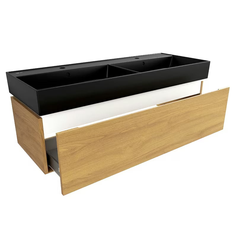 Viseča kopalniška omarica SAT Feel z dvojnim umivalnikom u dekoru medni hrast i crnoj mat izvedbi