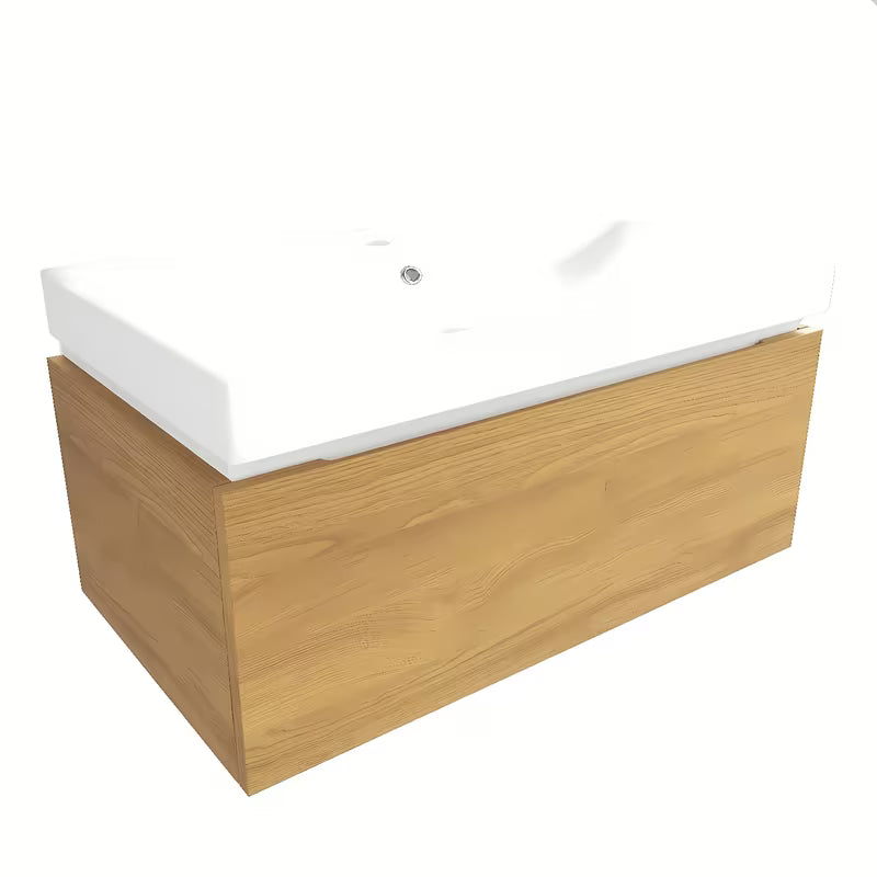 Viseča kopalniška omarica SAT Feel s keramičkim umivaonikom u dekoru medni hrast s mat površinom