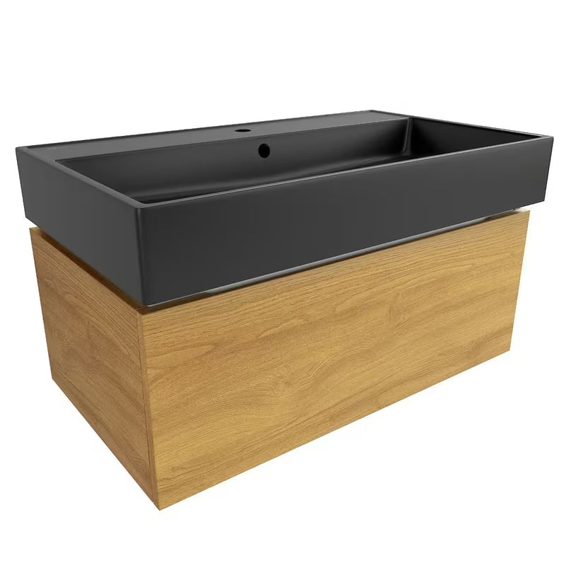 Viseča kopalniška omarica SAT Feel s keramičkim umivaonikom u dekoru medni hrast