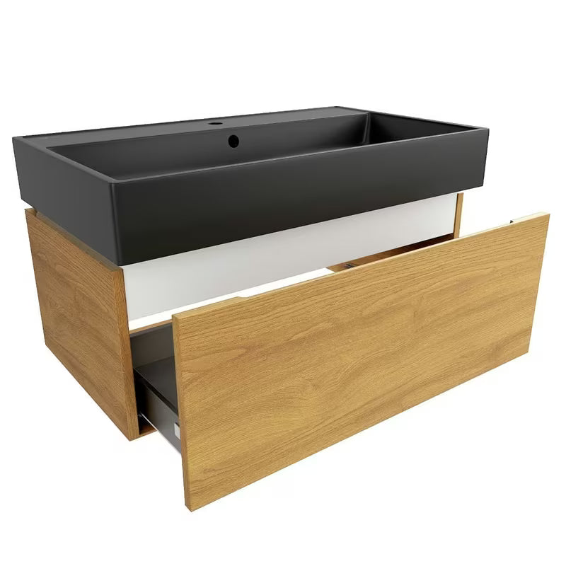 Viseča kopalniška omarica SAT Feel s keramičkim umivaonikom u dekoru medni hrast