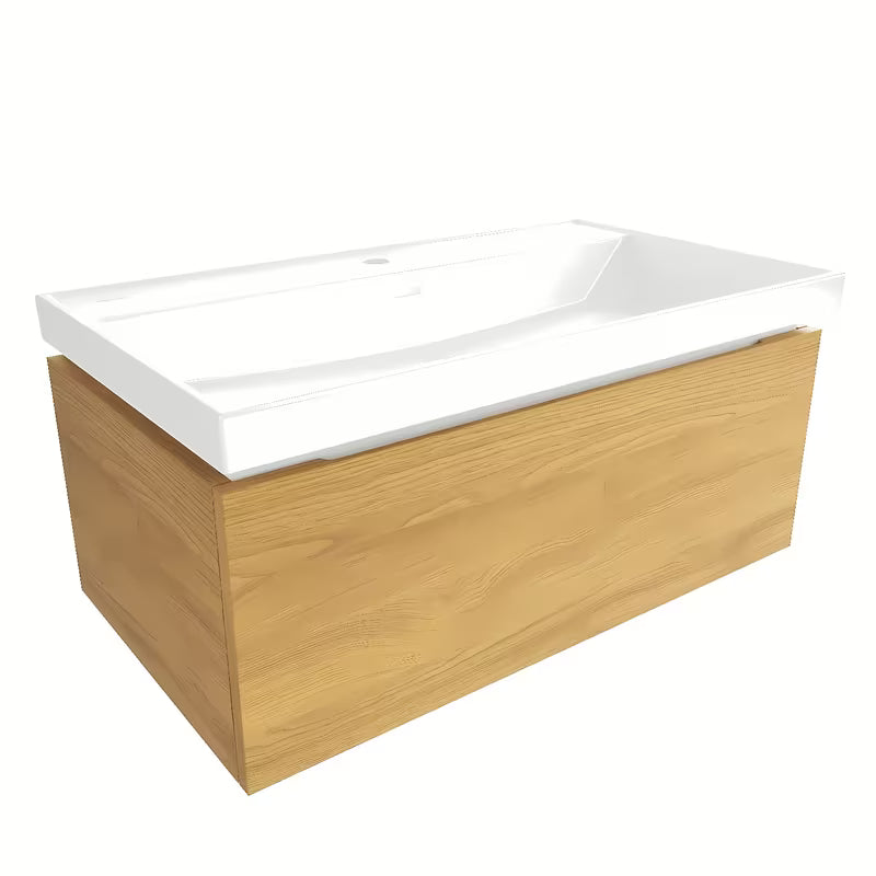 Viseča kopalniška omarica SAT Feel s keramičkim umivaonikom u dekoru medni hrast s mat površinom.