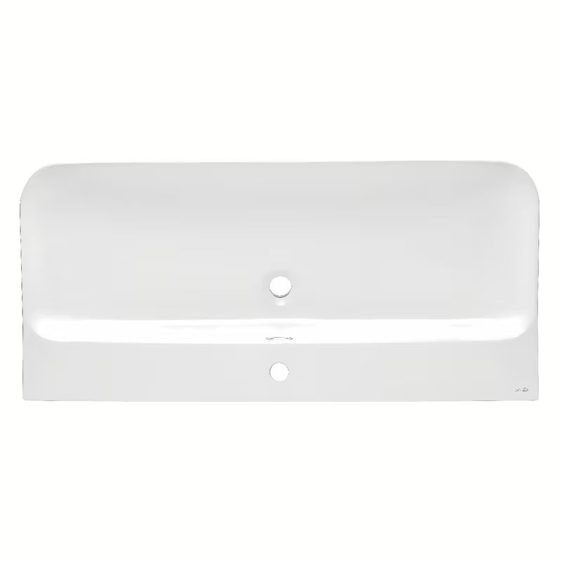 Bel sijajni keramični pohištveni umivalnik SAT Fusion 100,6x46,3 cm s sredinsko odprtino in prelivom.