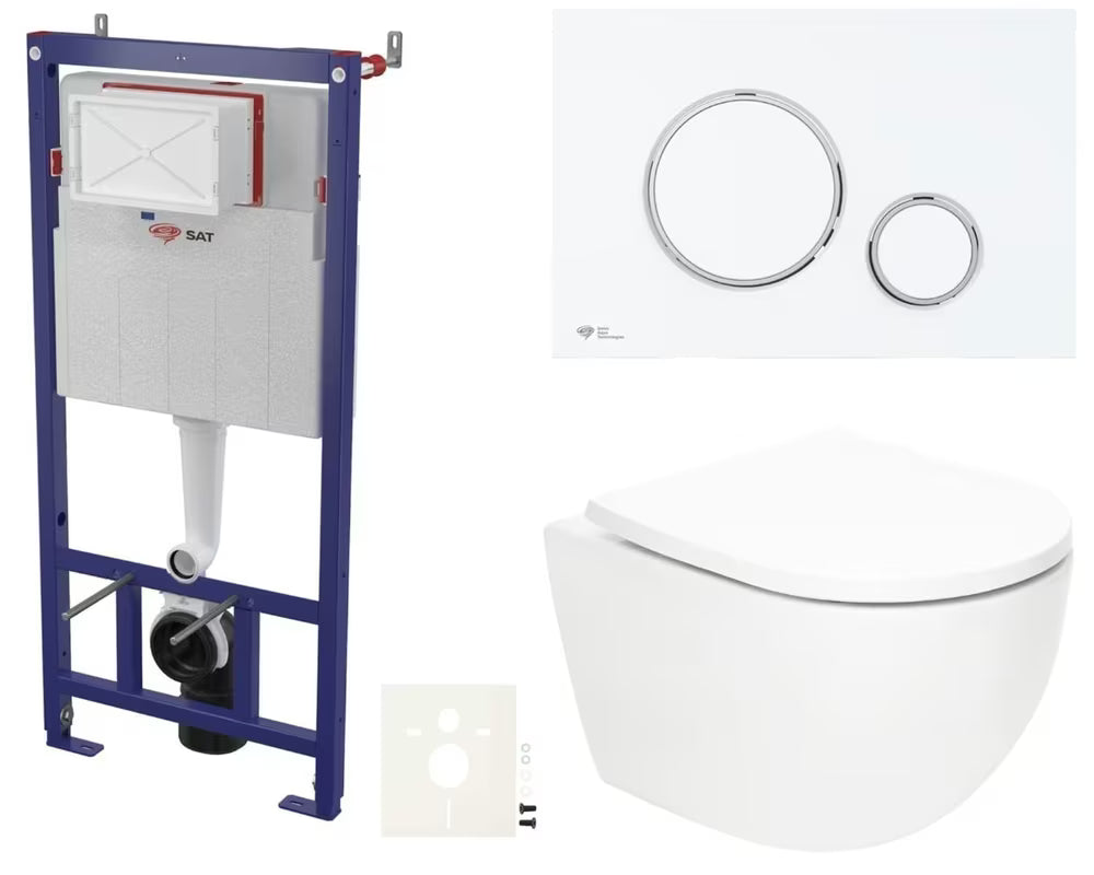 Viseči WC set SAT Fusion z vrtinčnim splakovanjem, splakovalnikom, tipko bela mat in WC-desko