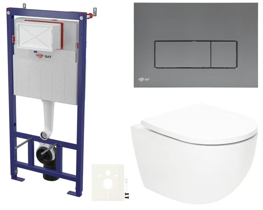 Viseči WC set SAT Fusion z vrtinčnim splakovanjem, splakovalnikom, tipko za splakovanje v mat barvi gun metal in sedežem