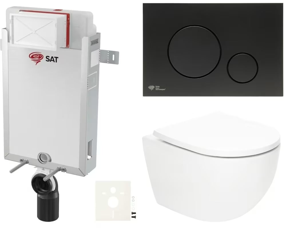 Viseči WC set SAT Fusion z vrtinčnim splakovanjem, podometnim modulom, splakovalnikom in črno mat tipko