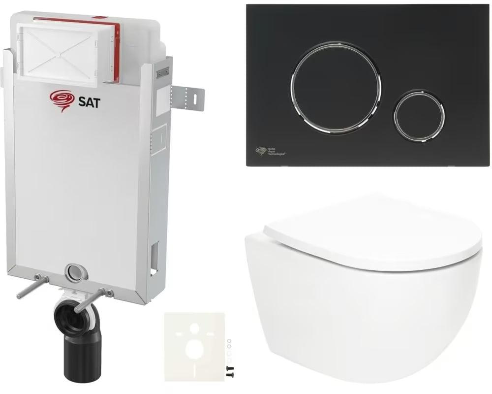 Viseči WC set SAT Fusion z vrtinčnim splakovanjem, tipko v mat črni barvi in sedežem iz duroplasta