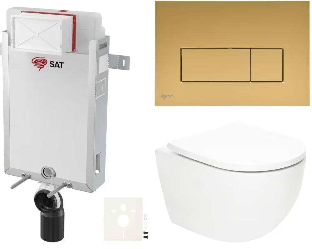 Viseči WC set SAT Fusion s podometnim modulom, splakovalnikom, tipko gold mat in sedežem iz duroplasta.