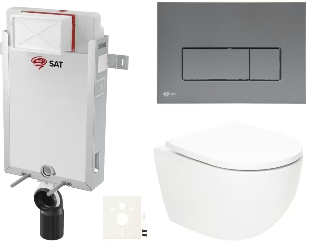 Viseči WC set SAT Fusion z vrtinčnim splakovanjem in splakovalno tipko v barvi gun metal mat