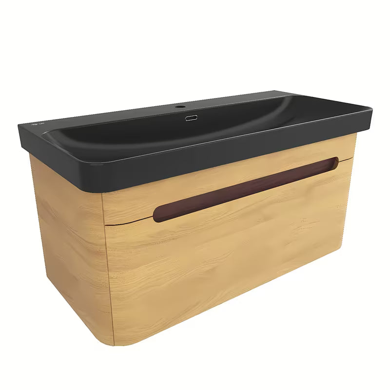 Viseča ormarić s keramičkim umivaonikom SAT Fusion u dekoru medni hrast i crnoj mat boji