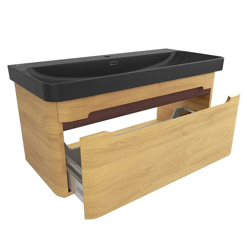 Viseča ormarić s keramičkim umivaonikom SAT Fusion u dekoru medni hrast i crnoj mat boji