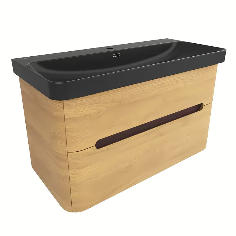 Viseča kopalniška omarica SAT Fusion u dekoru medni hrast s crnim mat umivaonikom