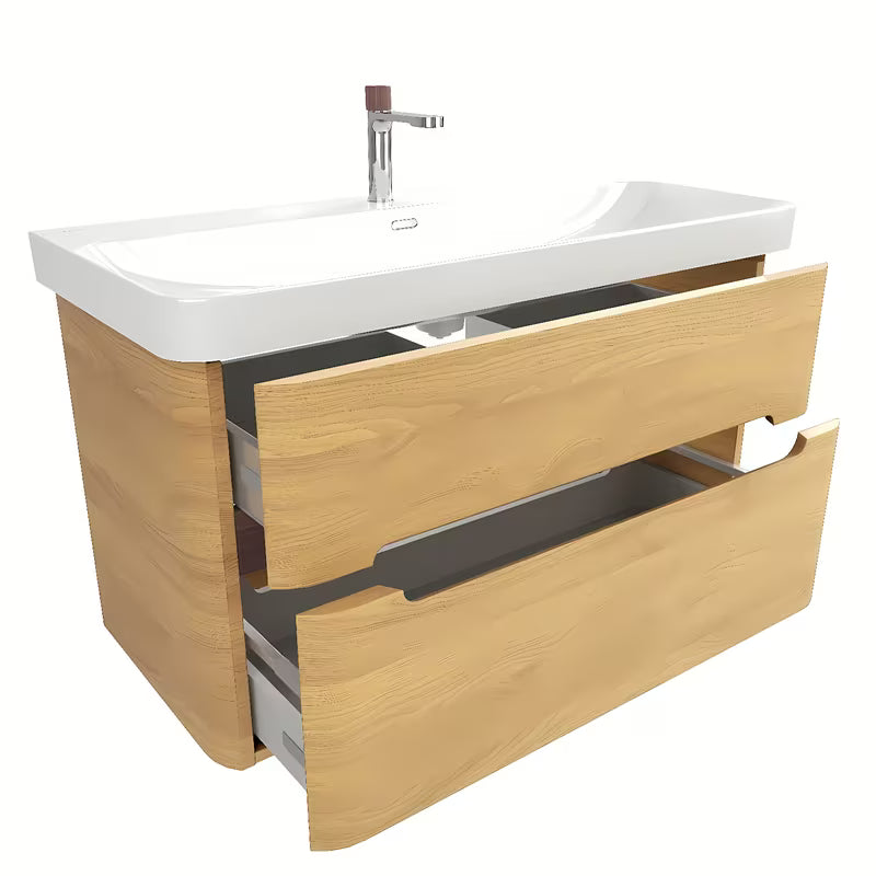 Viseča kopalniška omarica SAT Fusion s keramičkim umivaonikom u dekoru medni hrast