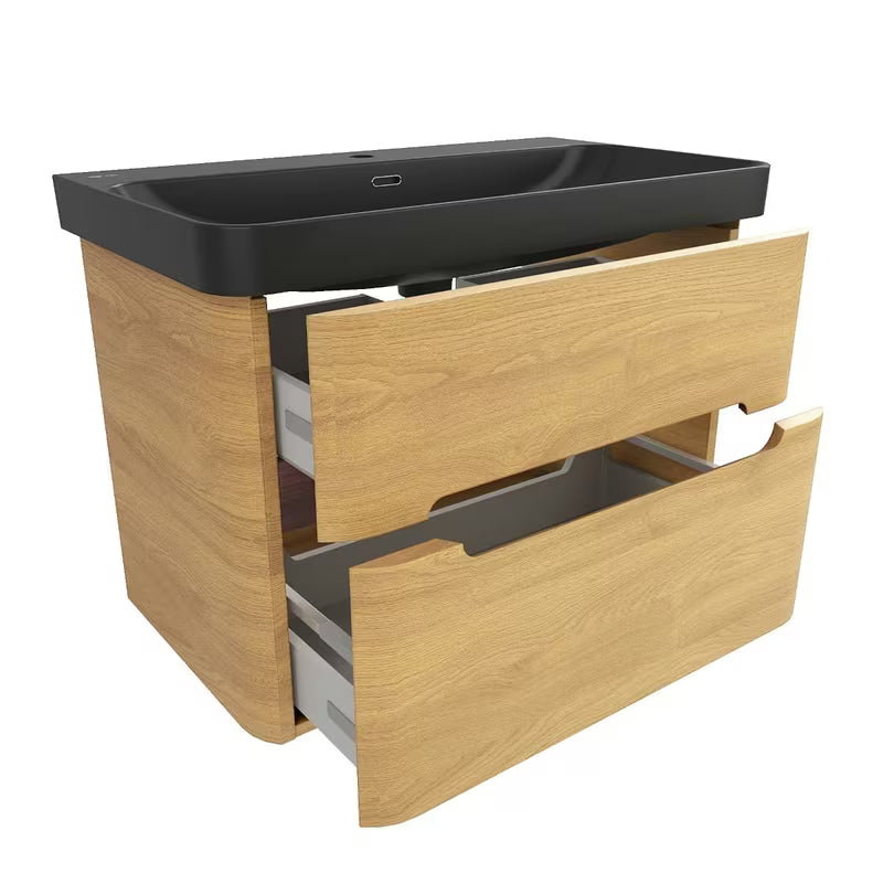 Viseča kopalniška omarica SAT Fusion z umivalnikom u dekoru medni hrast i mat crnoj izvedbi