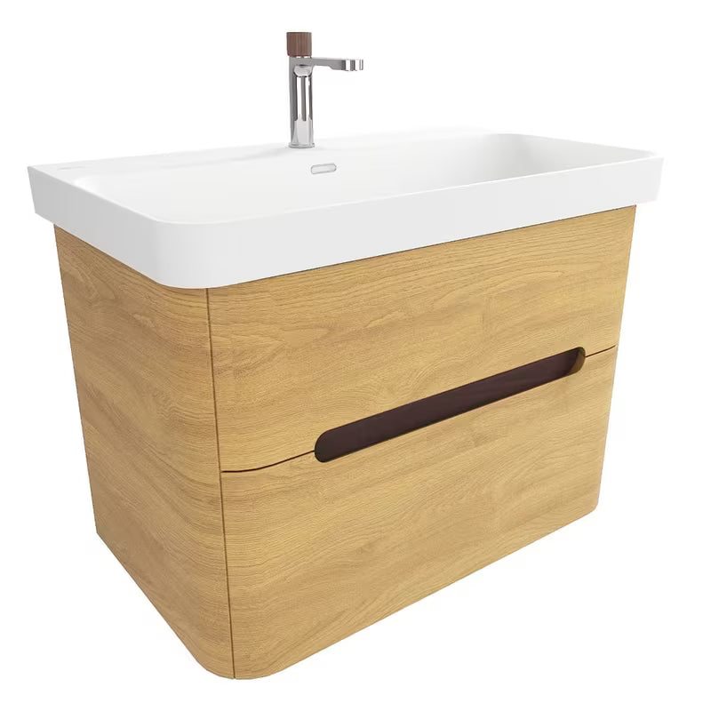 Viseča kopalniška omarica SAT Fusion s keramičkim umivaonikom u bijeloj mat izvedbi, u dekoru medni hrast.