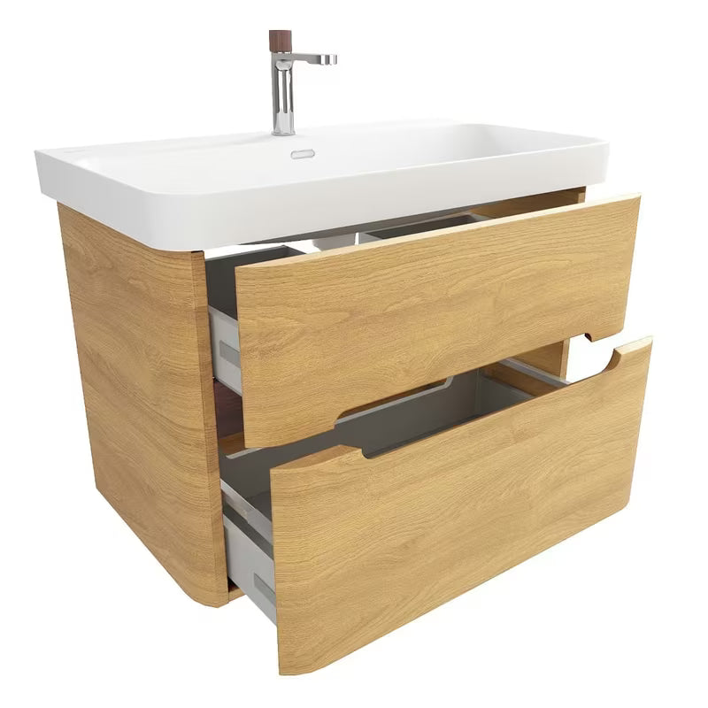 Viseča kopalniška omarica SAT Fusion s keramičkim umivaonikom u mat bijeloj boji u dekoru medni hrast.